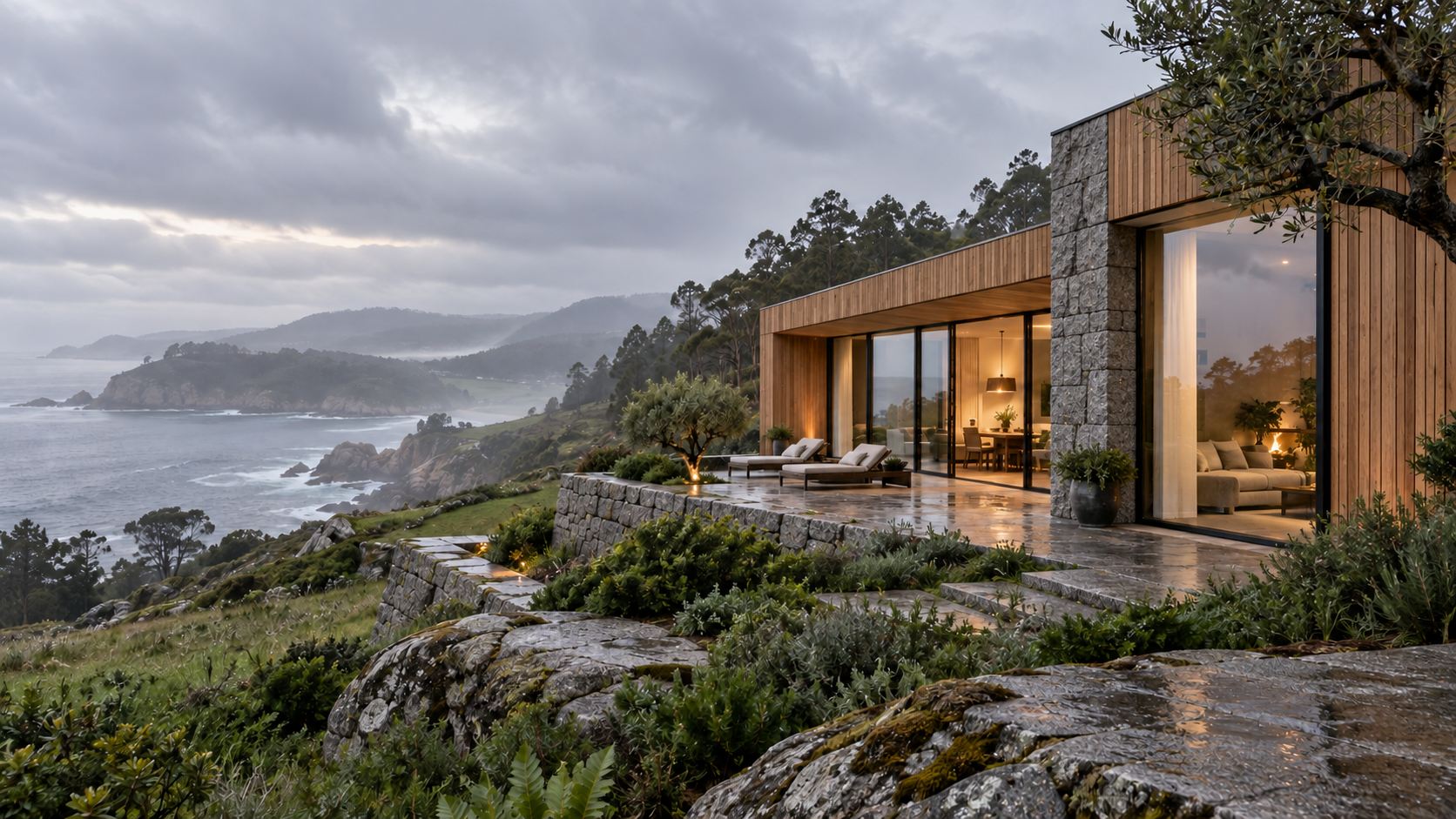 Casa sostenible contemporánea con madera natural y granito integrada en el paisaje de Galicia